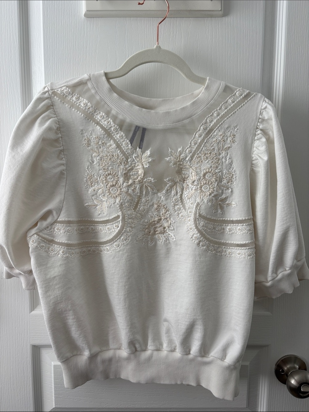 Anthropologie White Embroidered Crewneck Sweatshirt